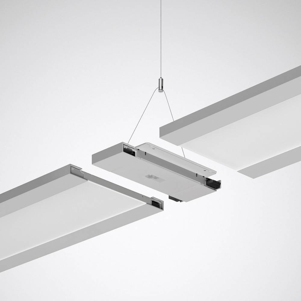 LED-Hängeleuchten in rechteckiger Form mit minimalistischem Design, an Kabeln befestigt vor einem schlichten, helltonigen Hintergrund.