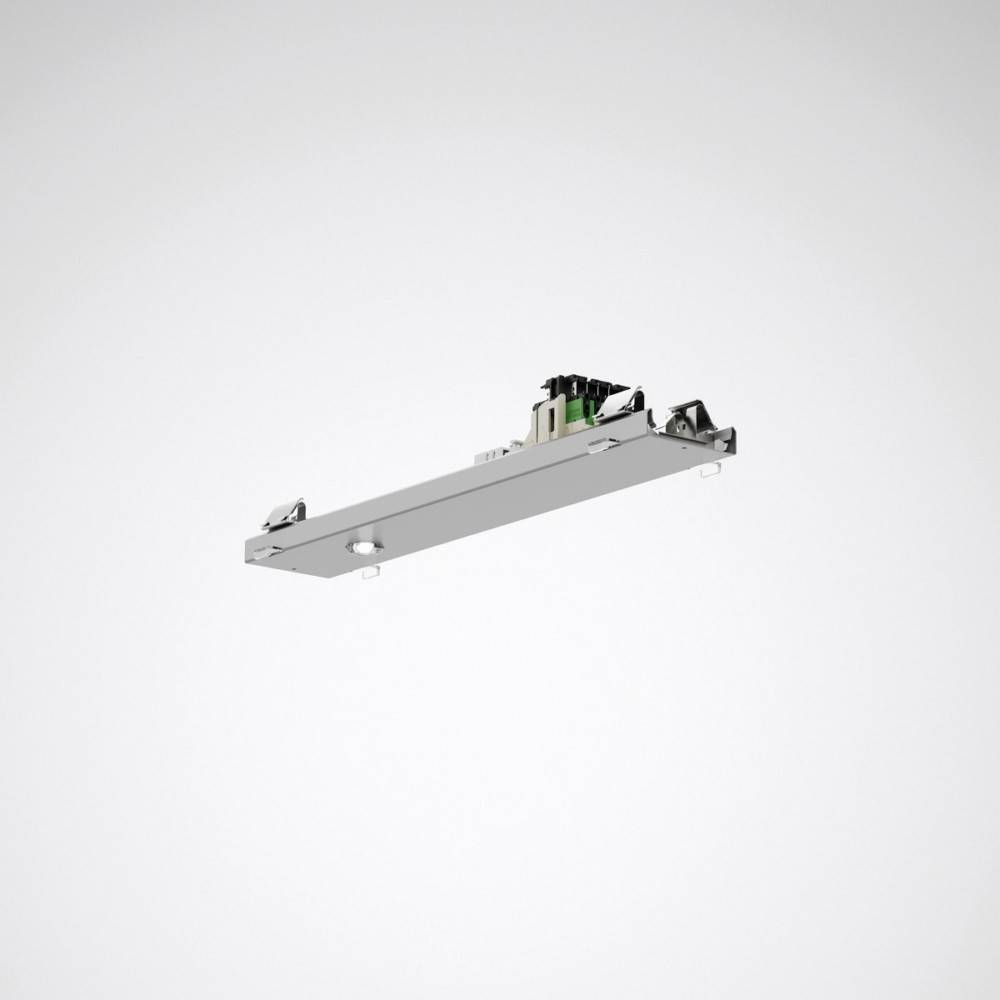 Rechteckiges Metallbauteil mit elektronischen Komponenten auf der Oberseite, möglicherweise Teil eines Beleuchtungs- oder Elektrosystems, vor einem einfarbigen Hintergrund.