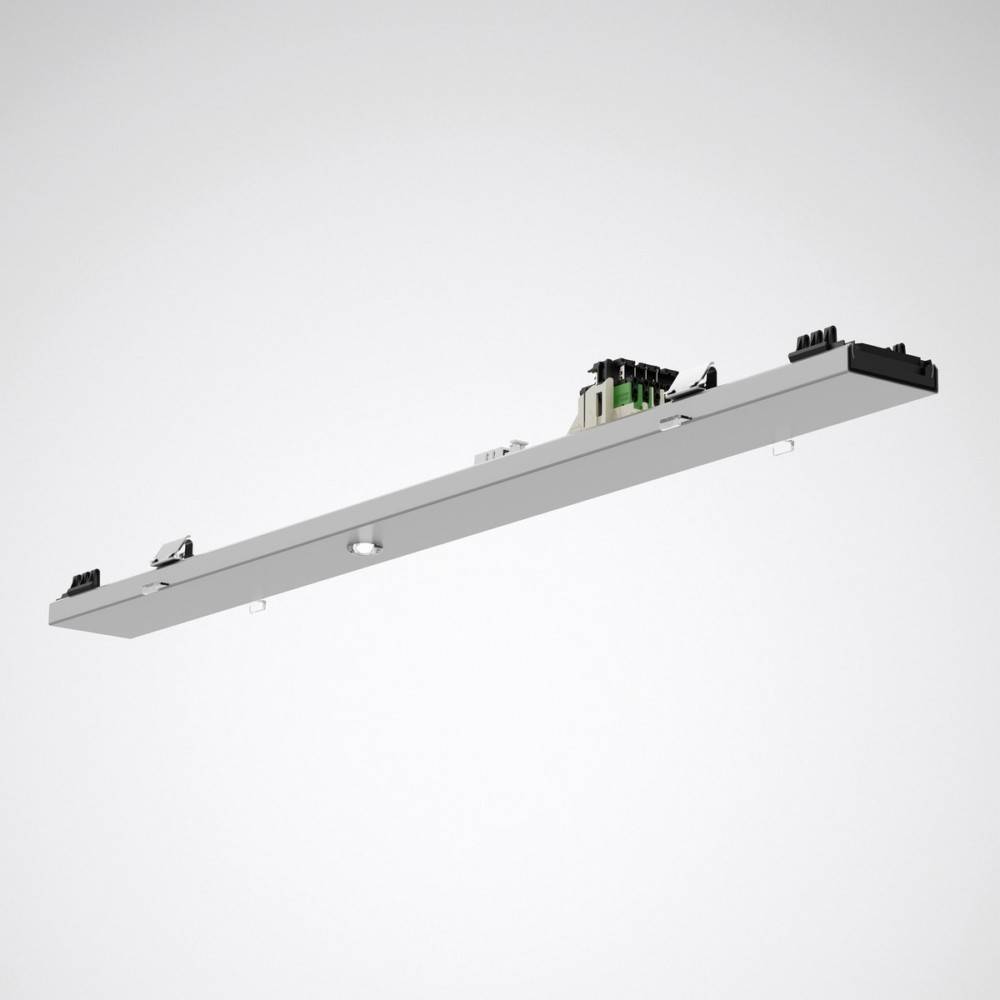 Rechteckige industrielle Schienenlichtanlage mit mehreren schwarzen Anschlüssen und Komponenten oben, vor einem einfarbigen weißen Hintergrund.