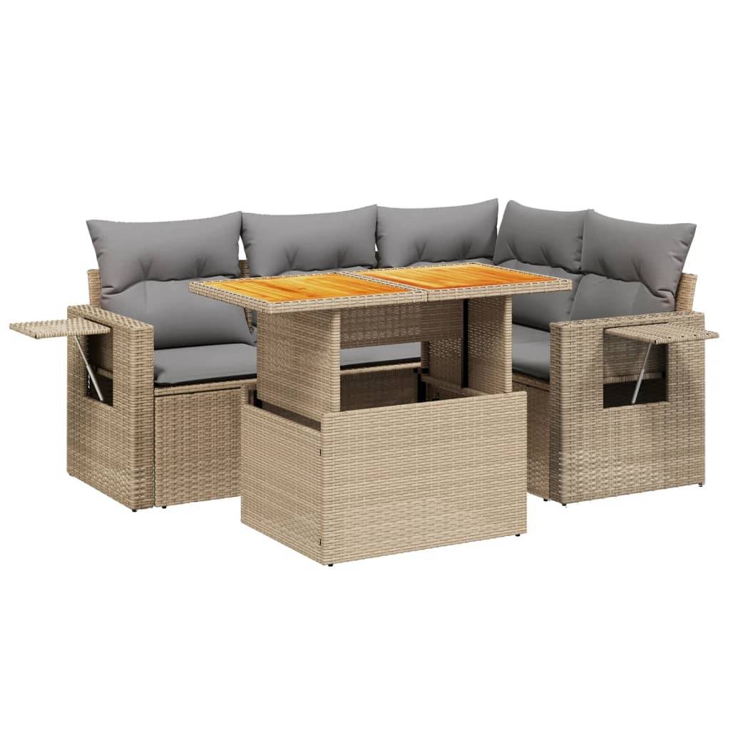 vidaXL 5-tlg. Garten-Sofagarnitur mit Kissen Beige Poly Rattan