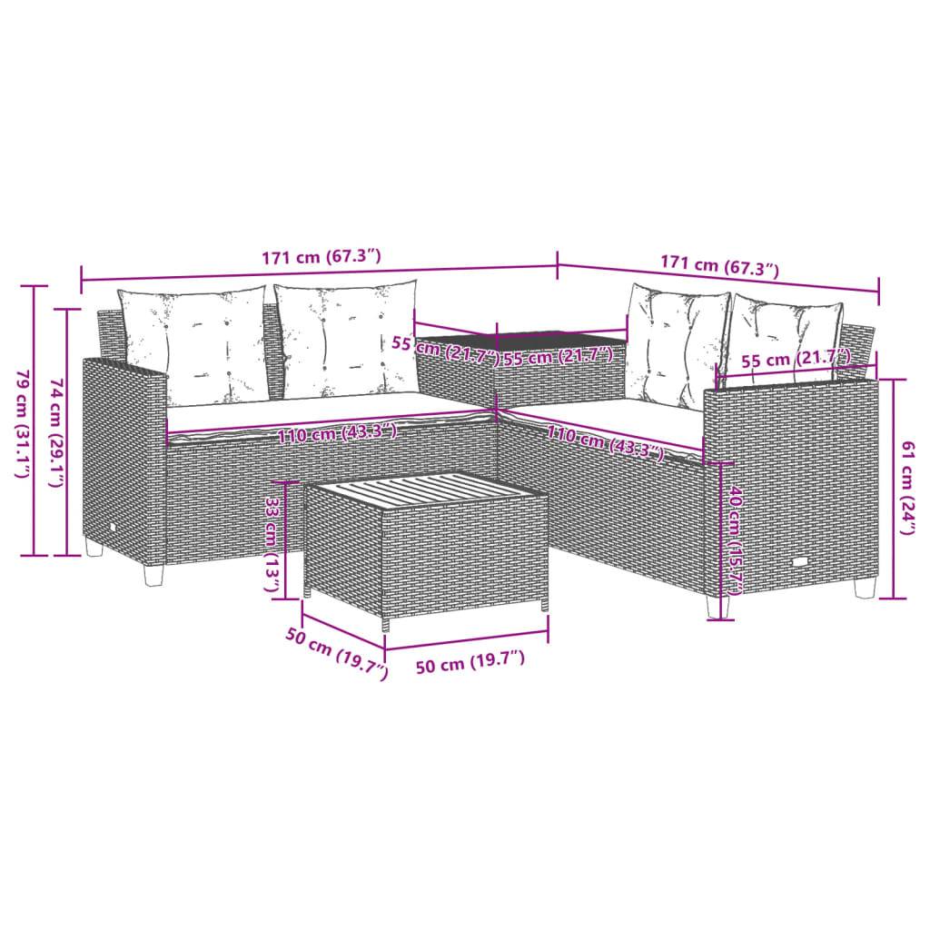 vidaXL Gartensofa in L-Form mit Tisch und Kissen Schwarz Poly Rattan