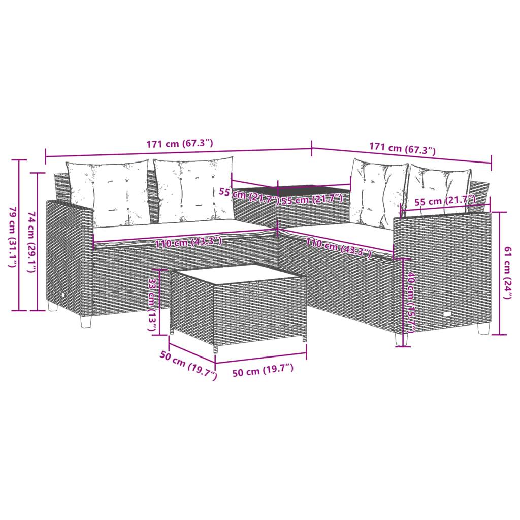 vidaXL Gartensofa in L-Form mit Tisch und Kissen Braun Poly Rattan