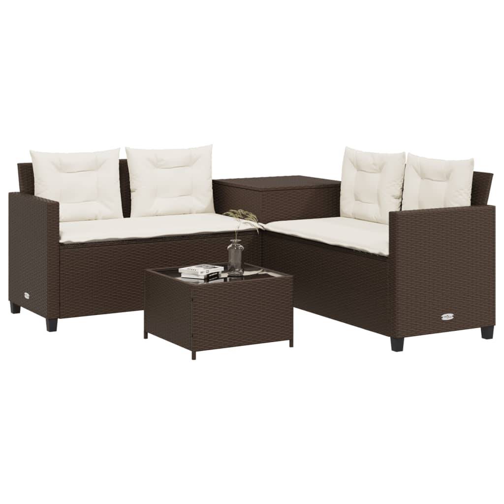 vidaXL Gartensofa in L-Form mit Tisch und Kissen Braun Poly Rattan