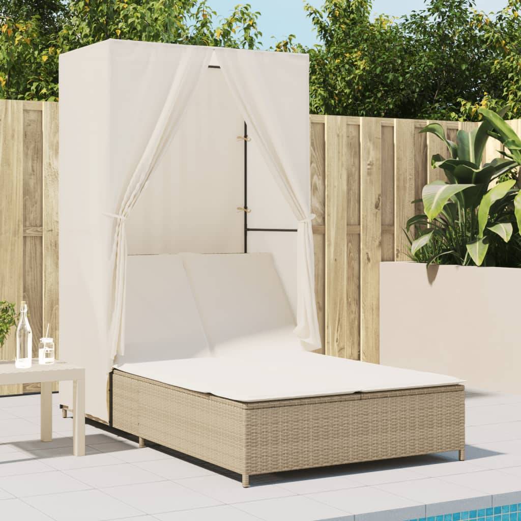 vidaXL Doppel-Sonnenliege mit Dach und Vorhängen Beige Poly Rattan