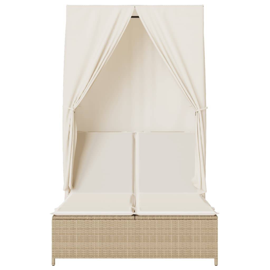 vidaXL Doppel-Sonnenliege mit Dach und Vorhängen Beige Poly Rattan