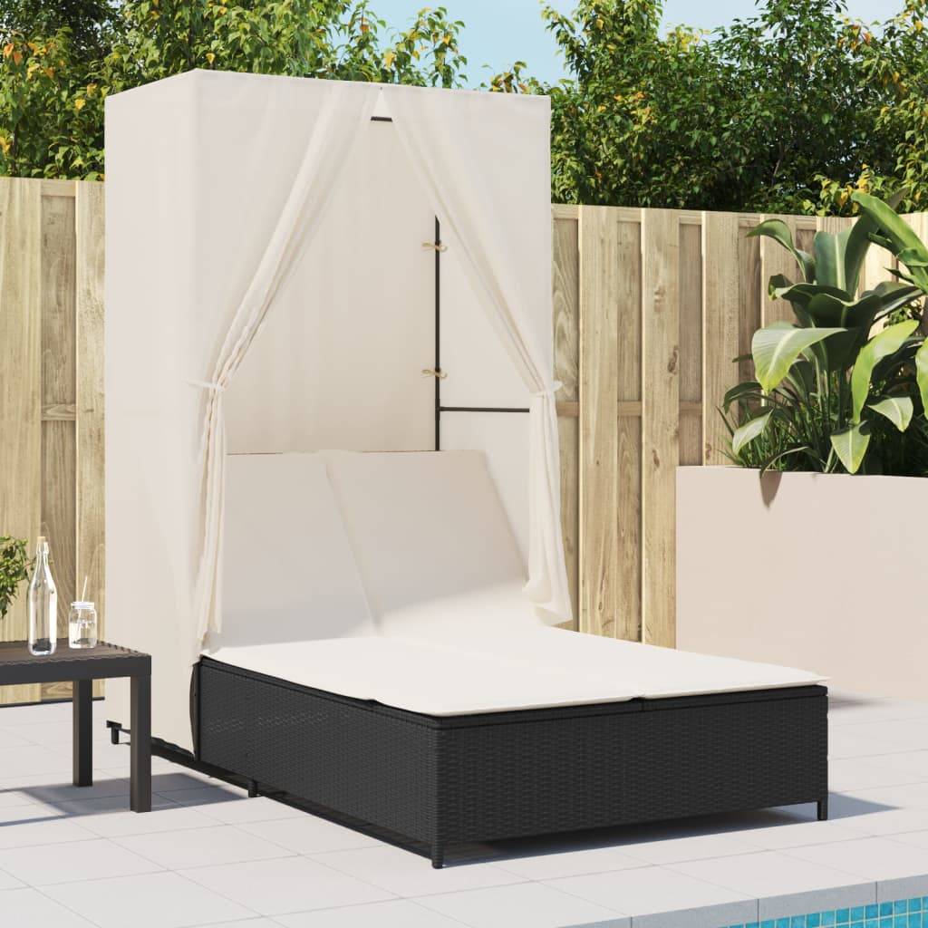 vidaXL Doppel-Sonnenliege mit Dach und Vorhängen Schwarz Poly-Rattan