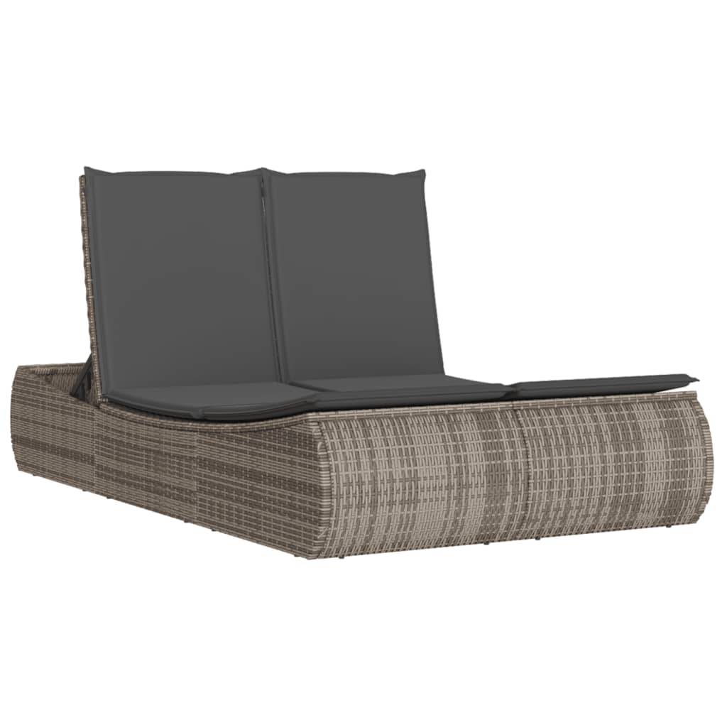 vidaXL Doppel-Sonnenliege mit Kissen Grau Poly Rattan