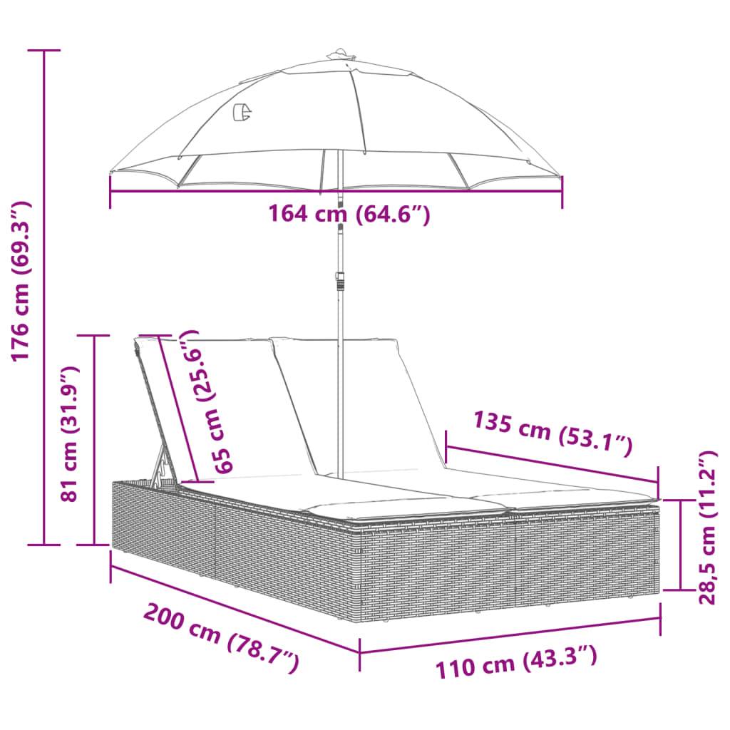 vidaXL Doppel-Sonnenliege mit Kissen & Sonnenschirm Beige Poly Rattan