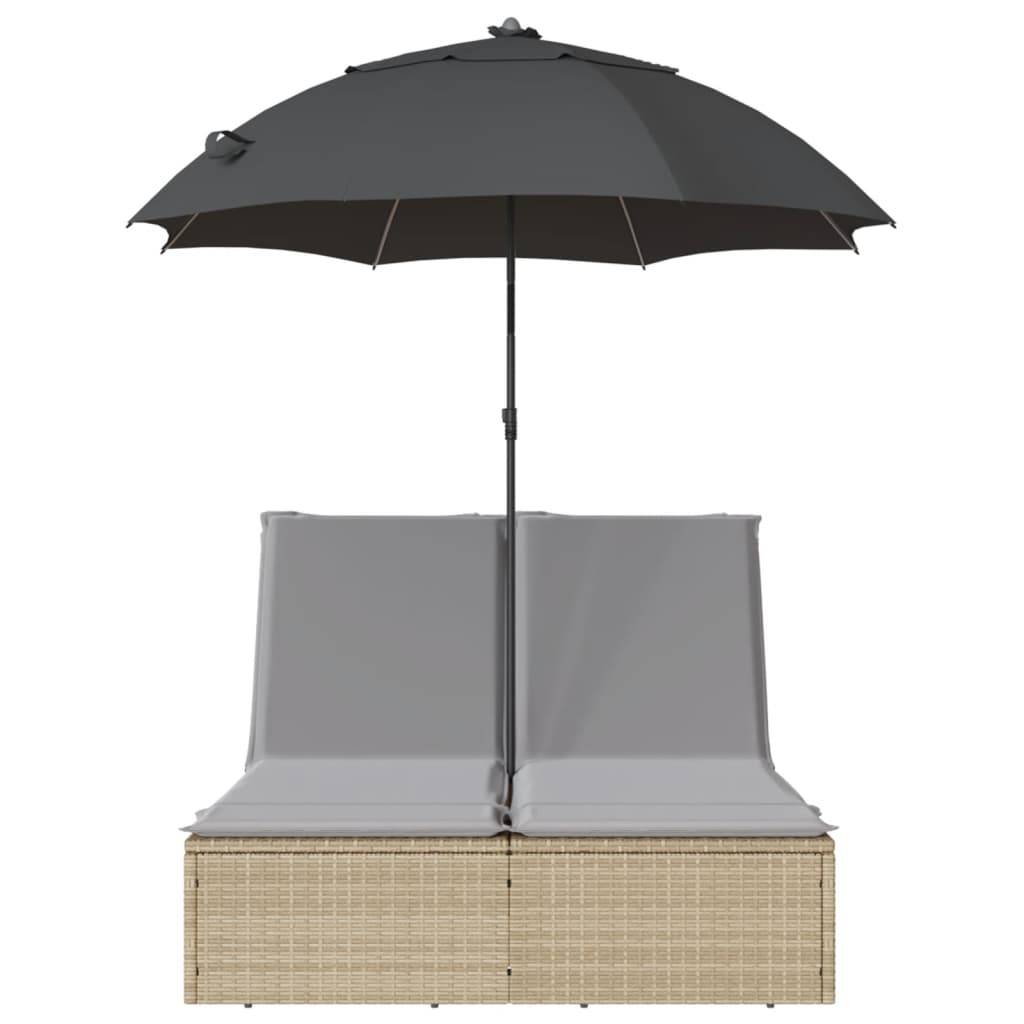 vidaXL Doppel-Sonnenliege mit Kissen & Sonnenschirm Beige Poly Rattan
