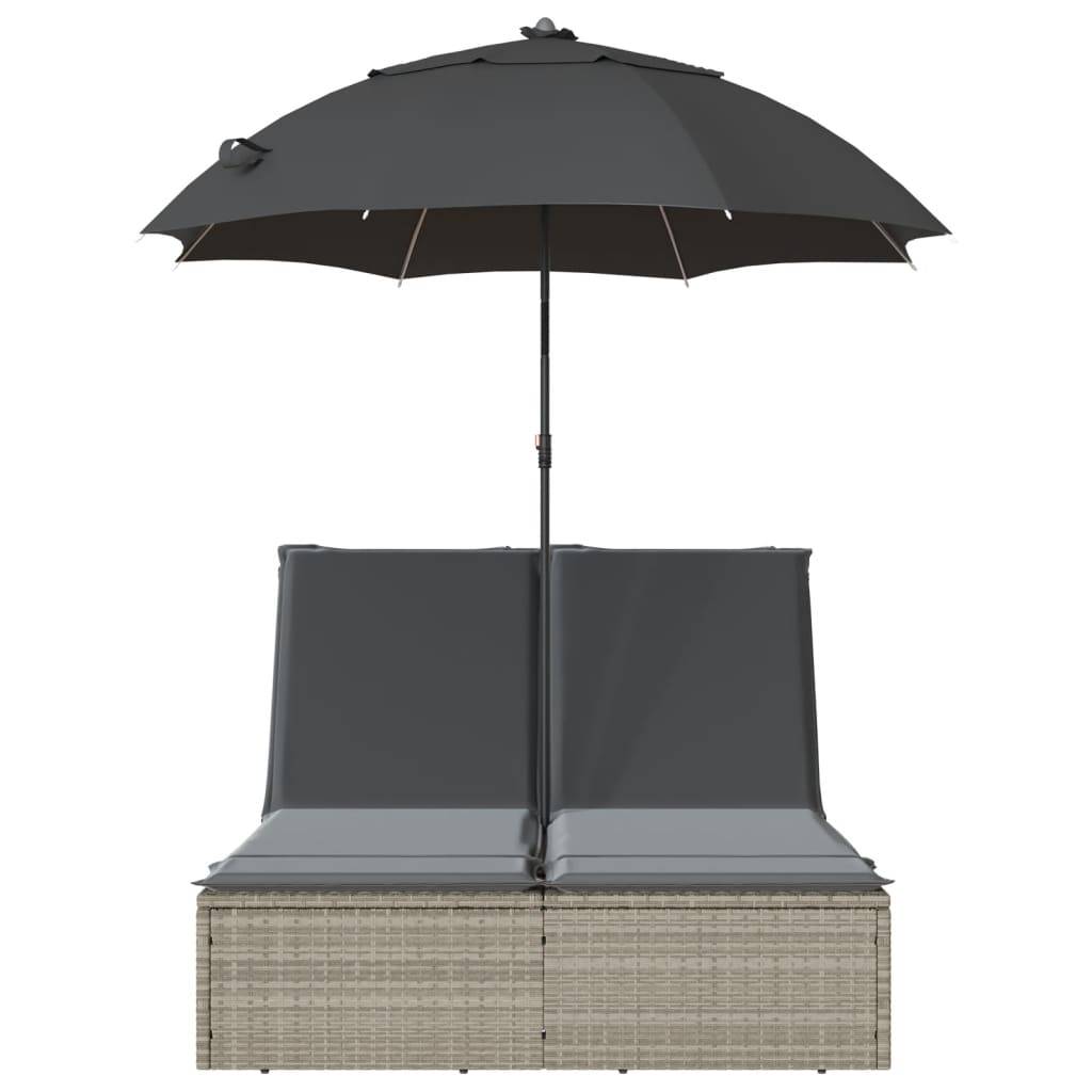 vidaXL Doppel-Sonnenliege mit Kissen & Schirm Hellgrau Poly Rattan