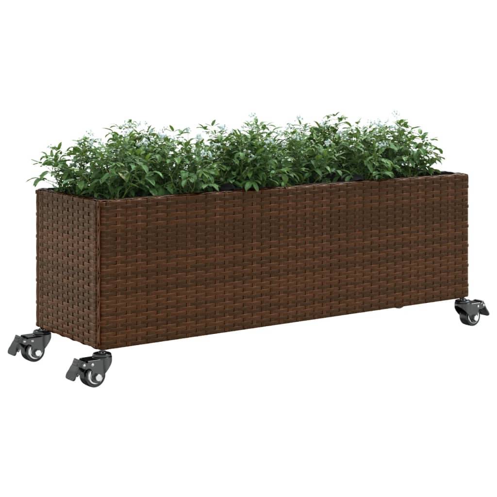 vidaXL Pflanzkübel mit Rollen 3 Töpfe Braun 107x32x38 cm Poly-Rattan