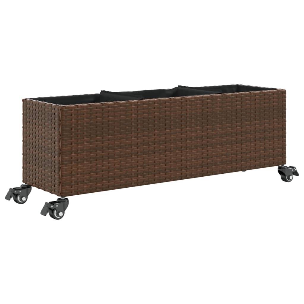 vidaXL Pflanzkübel mit Rollen 3 Töpfe Braun 107x32x38 cm Poly-Rattan