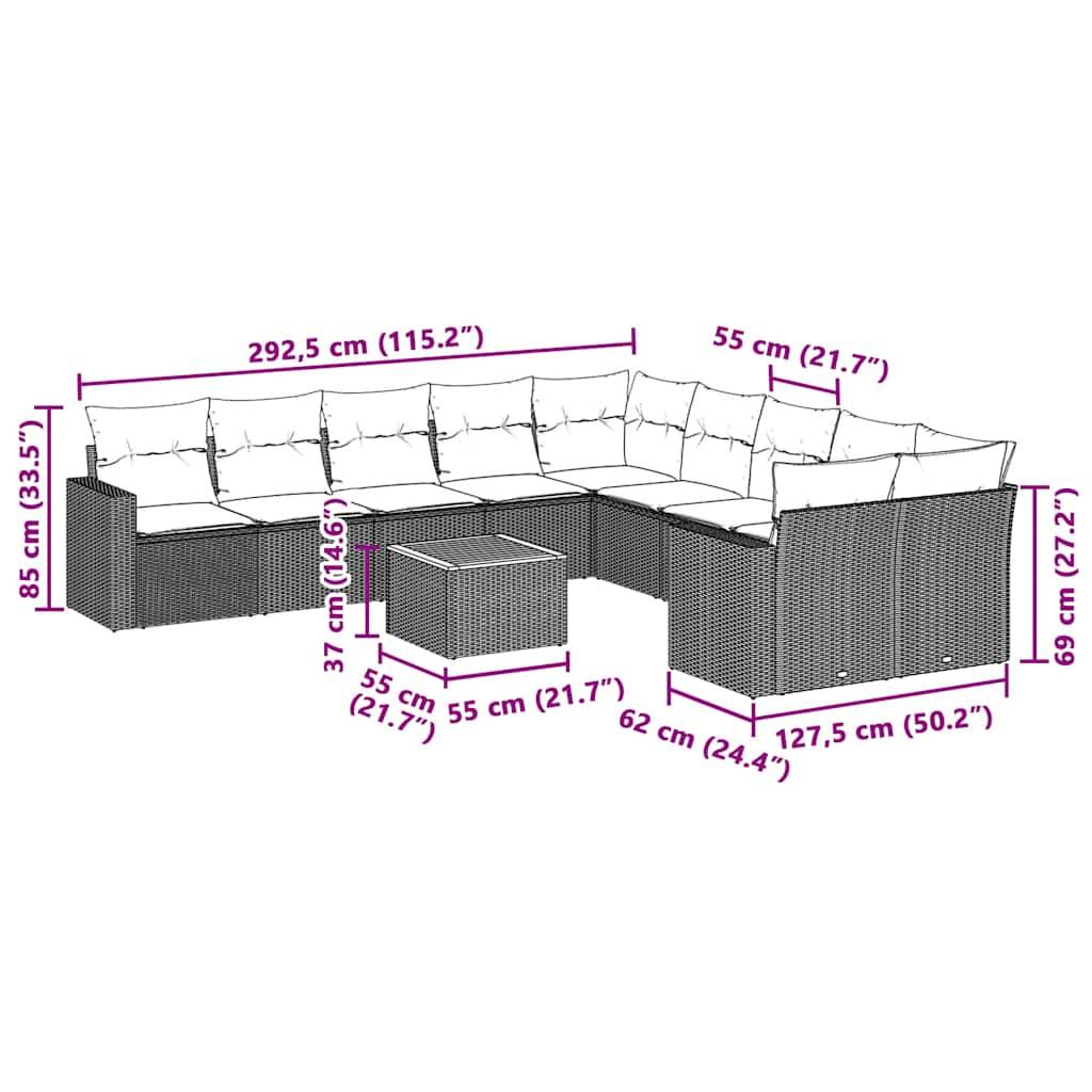 vidaXL 11-tlg. Garten-Sofagarnitur mit Kissen Schwarz Poly Rattan