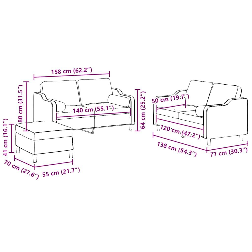 vidaXL 3-tlg. Sofagarnitur mit Kissen Hellgrau Stoff