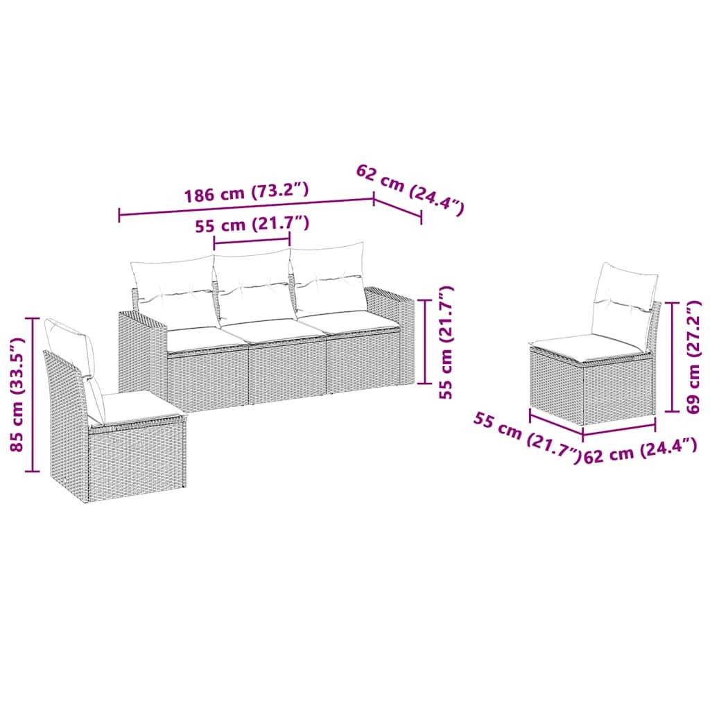 vidaXL 5-tlg. Garten-Sofagarnitur mit Kissen Hellgrau Poly Rattan