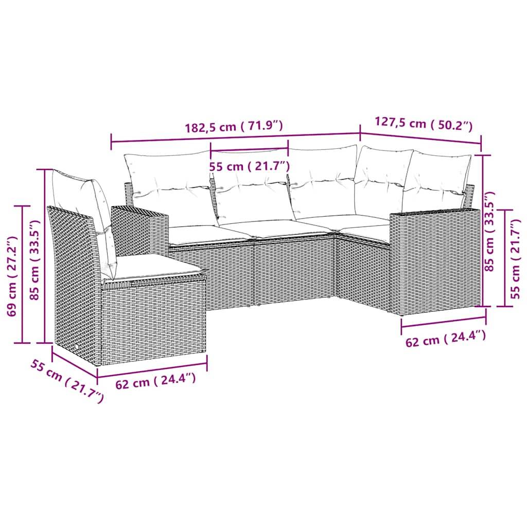 vidaXL 5-tlg. Garten-Sofagarnitur mit Kissen Hellgrau Poly Rattan