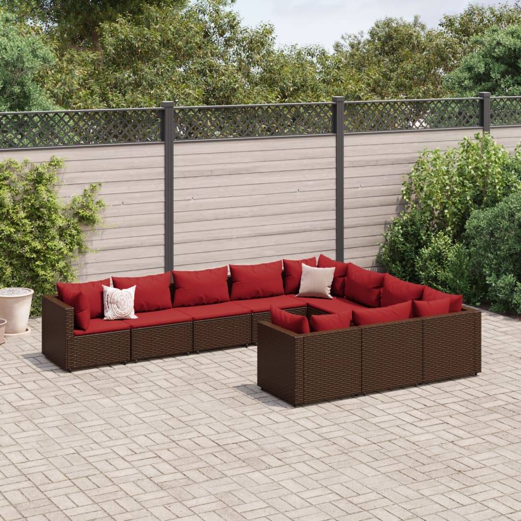 vidaXL 10-tlg. Garten-Sofagarnitur mit Kissen Braun Poly Rattan