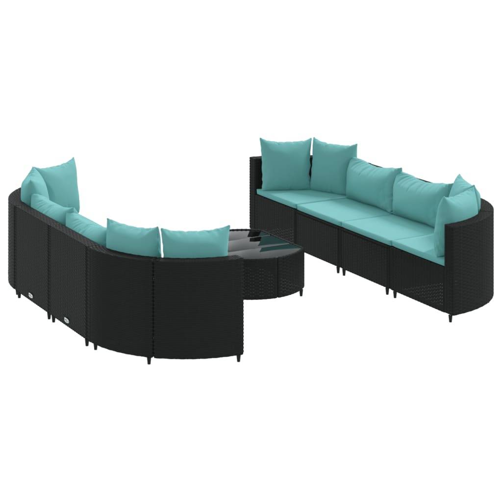 vidaXL 9-tlg. Garten-Sofagarnitur mit Kissen Schwarz Poly Rattan