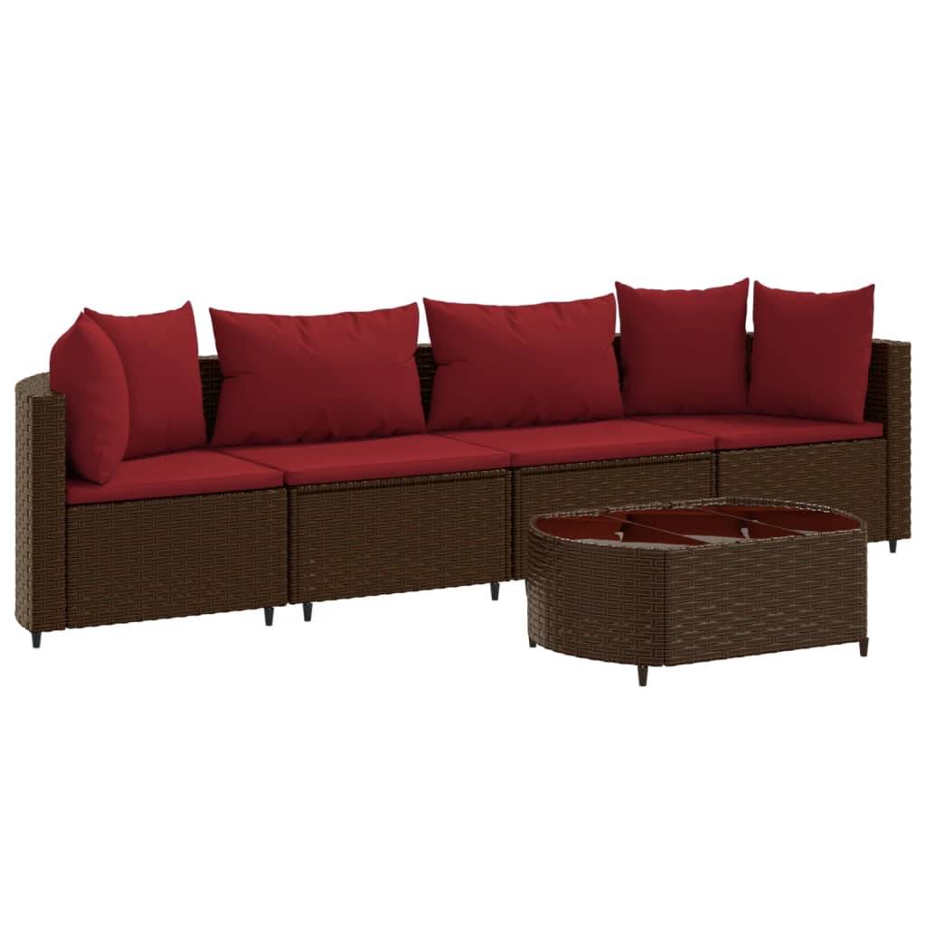 vidaXL 5-tlg. Garten-Sofagarnitur mit Kissen Braun Poly Rattan
