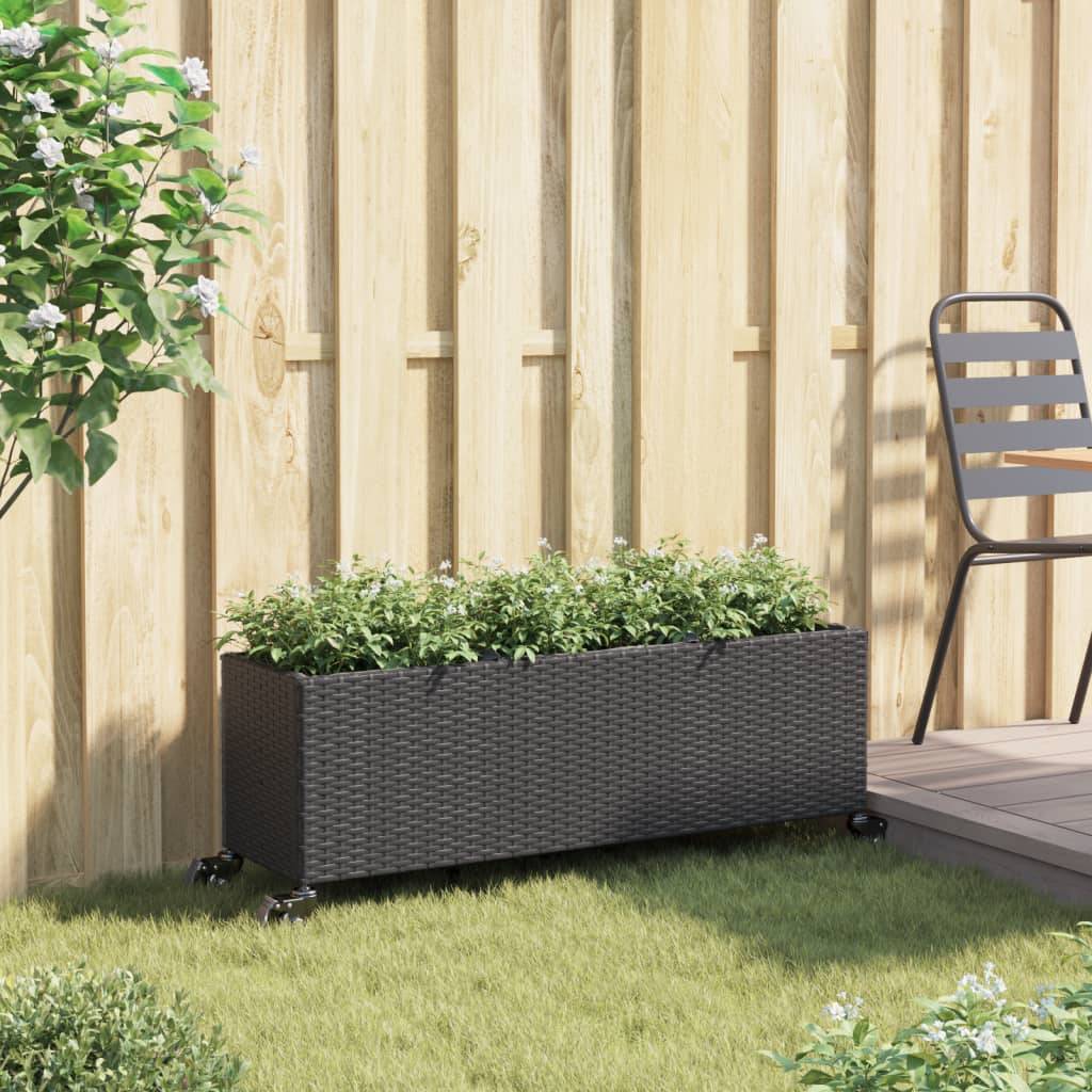 vidaXL Hochbeet mit Rollen & 3 Fächern Schwarz 107x32x38cm Poly Rattan