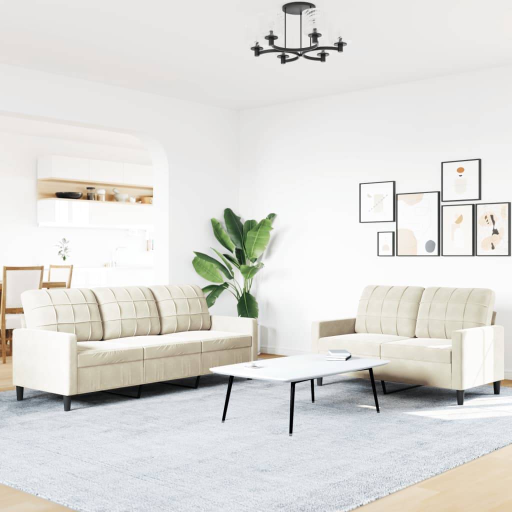 vidaXL 2-tlg. Sofagarnitur mit Kissen Creme Samt