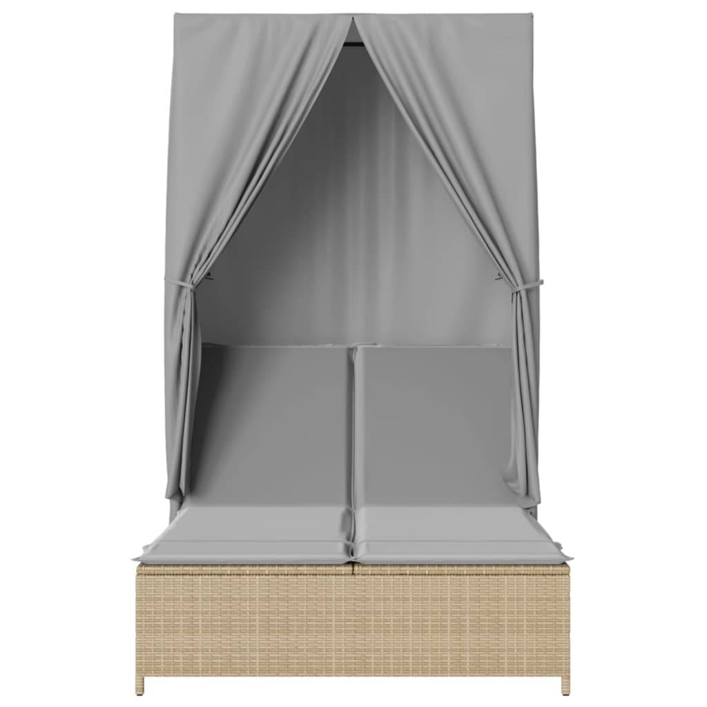 vidaXL Doppel-Sonnenliege mit Dach und Vorhängen Beige Poly Rattan