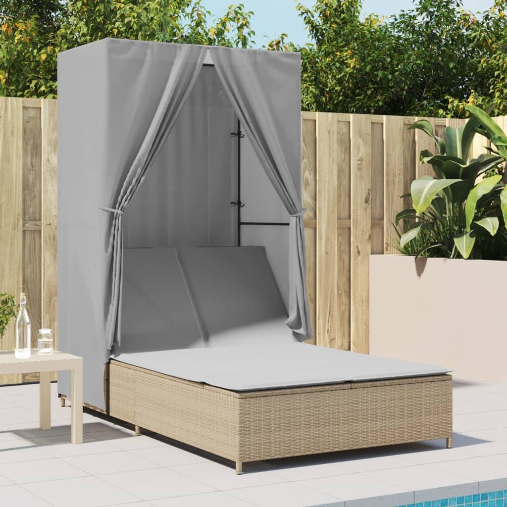 vidaXL Doppel-Sonnenliege mit Dach und Vorhängen Beige Poly Rattan