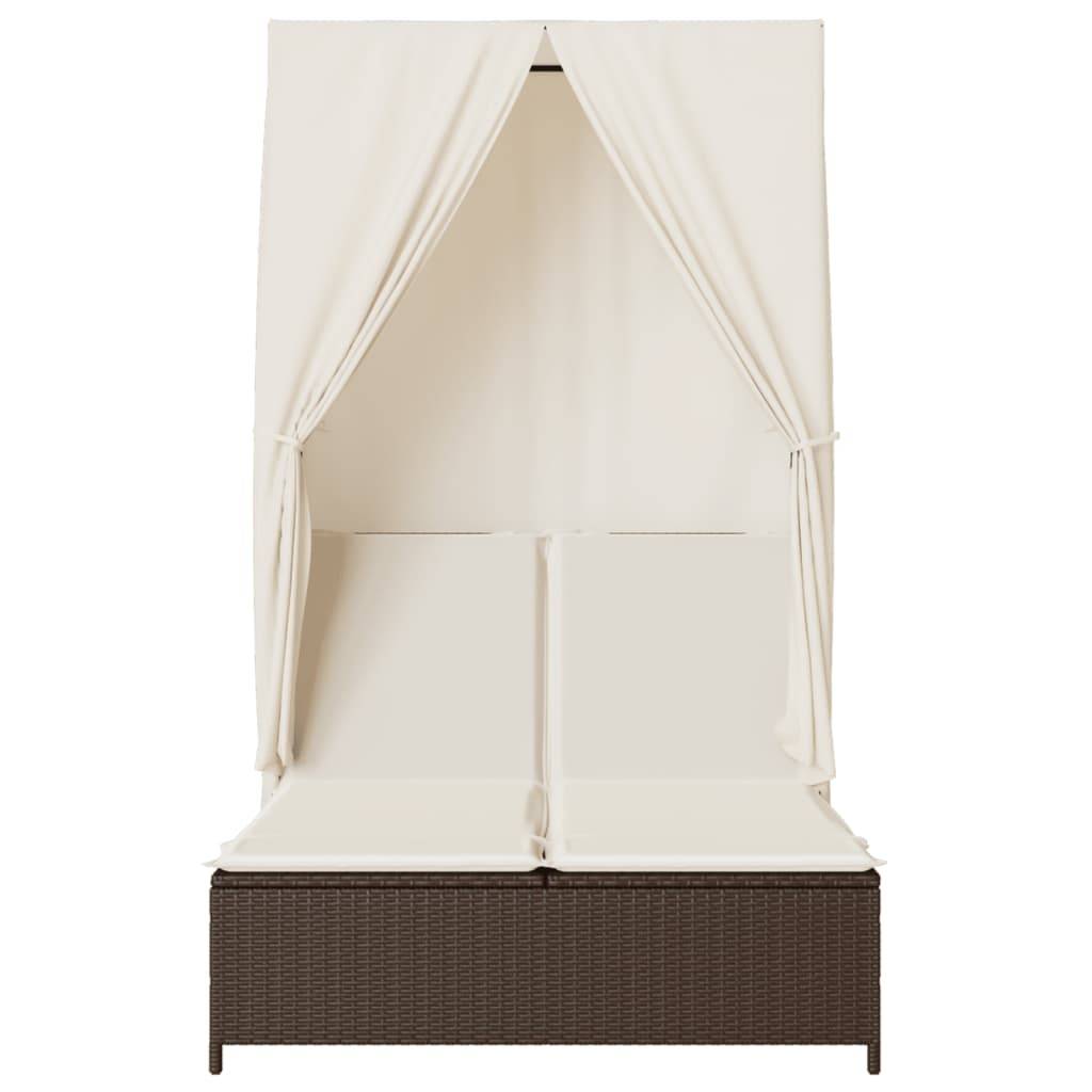 vidaXL Doppel-Sonnenliege mit Dach und Vorhängen Braun Poly Rattan