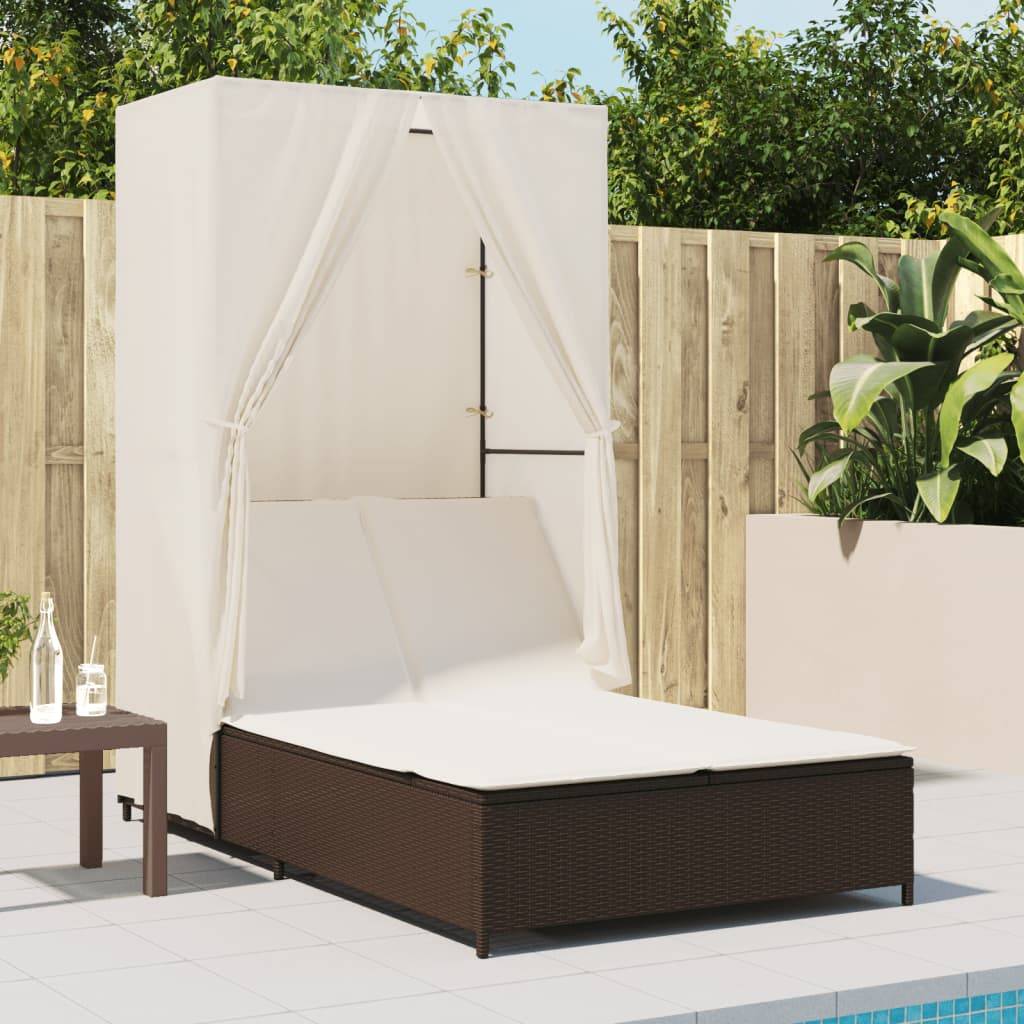 vidaXL Doppel-Sonnenliege mit Dach und Vorhängen Braun Poly Rattan