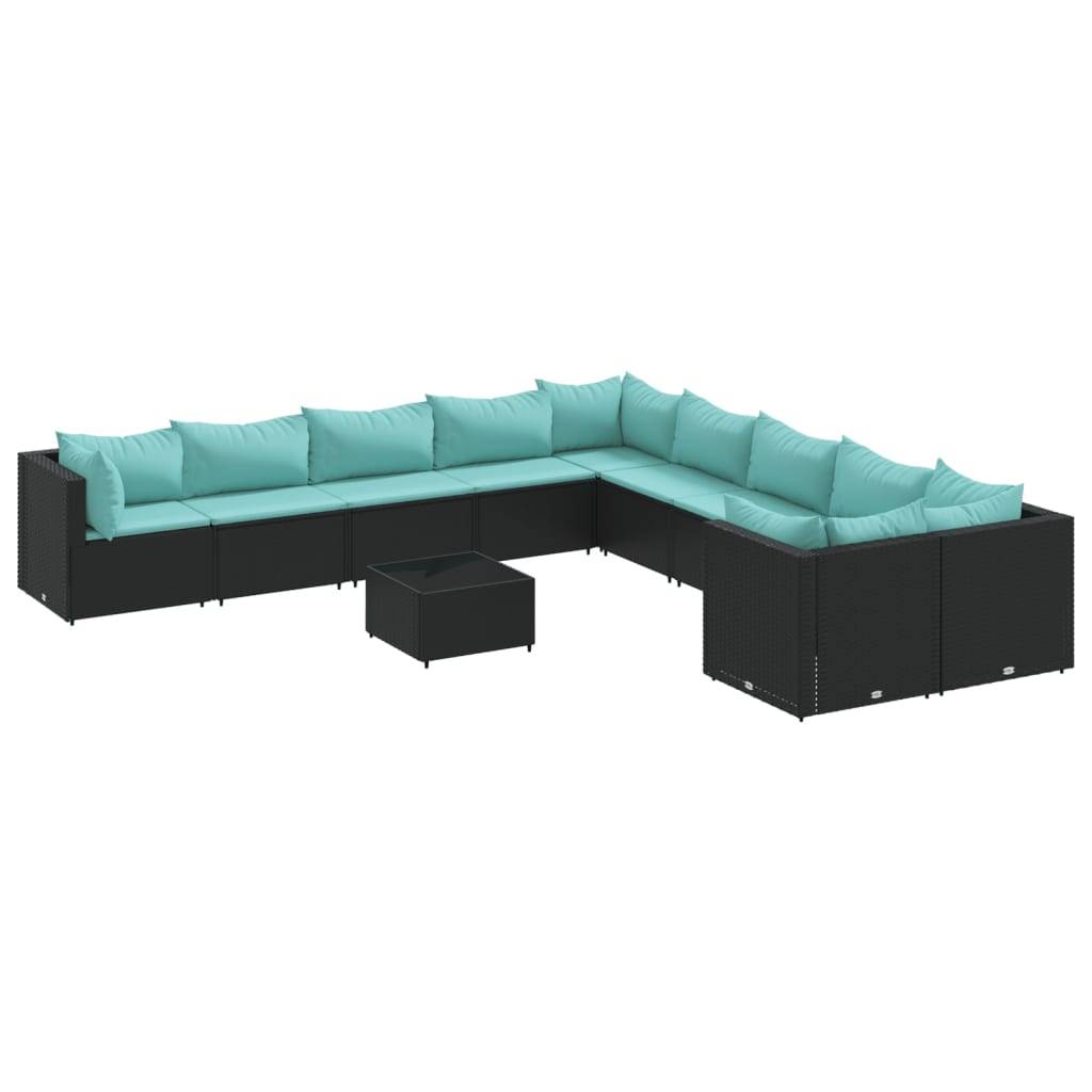 vidaXL 11-tlg. Garten-Sofagarnitur mit Kissen Schwarz Poly Rattan