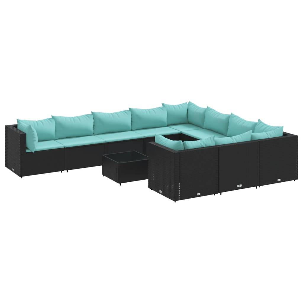 vidaXL 11-tlg. Garten-Sofagarnitur mit Kissen Schwarz Poly Rattan
