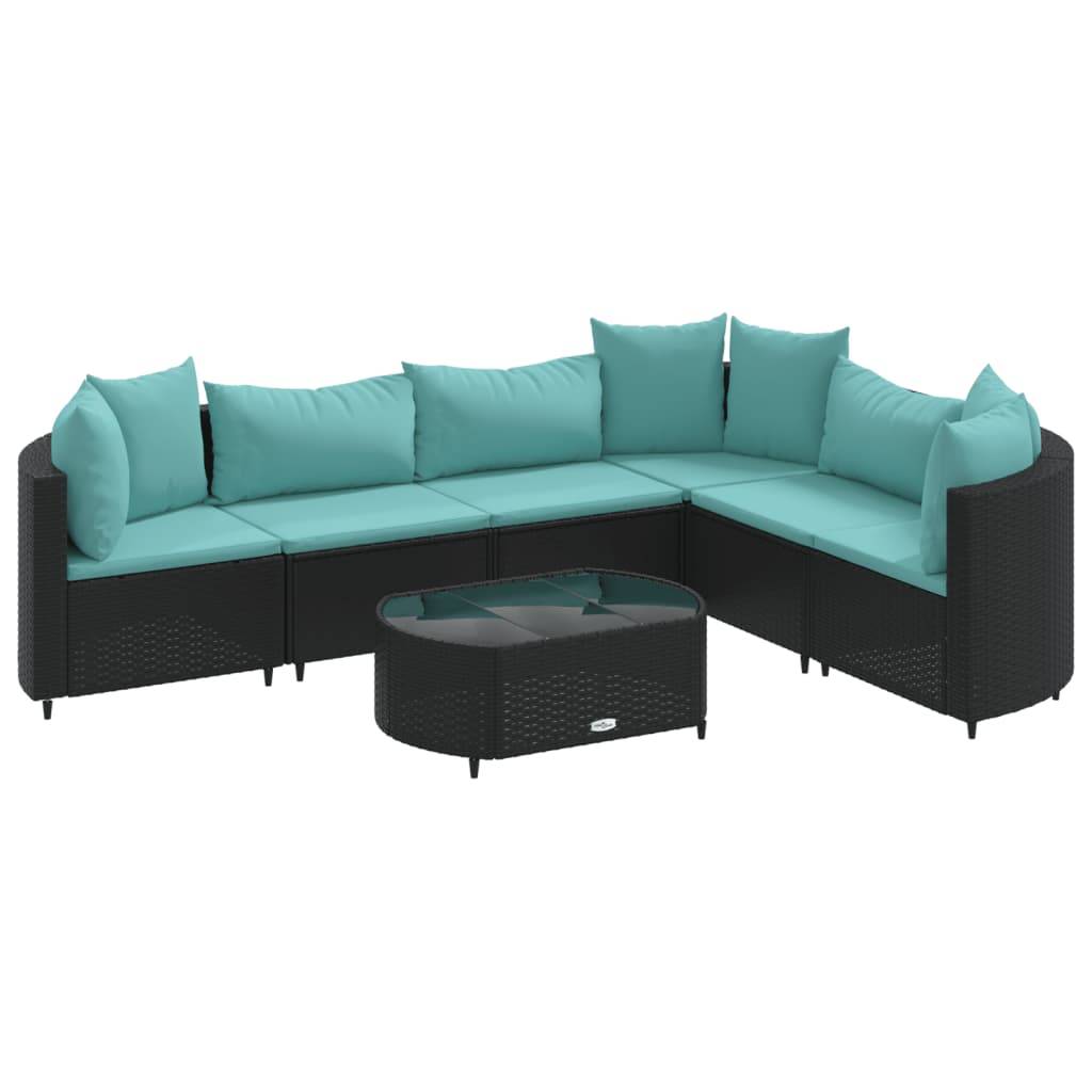 vidaXL 7-tlg. Garten-Sofagarnitur mit Kissen Schwarz Poly Rattan
