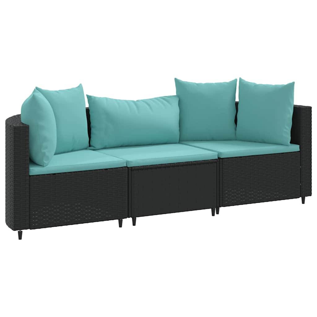 vidaXL 3-tlg. Garten-Sofagarnitur mit Kissen Schwarz Poly Rattan