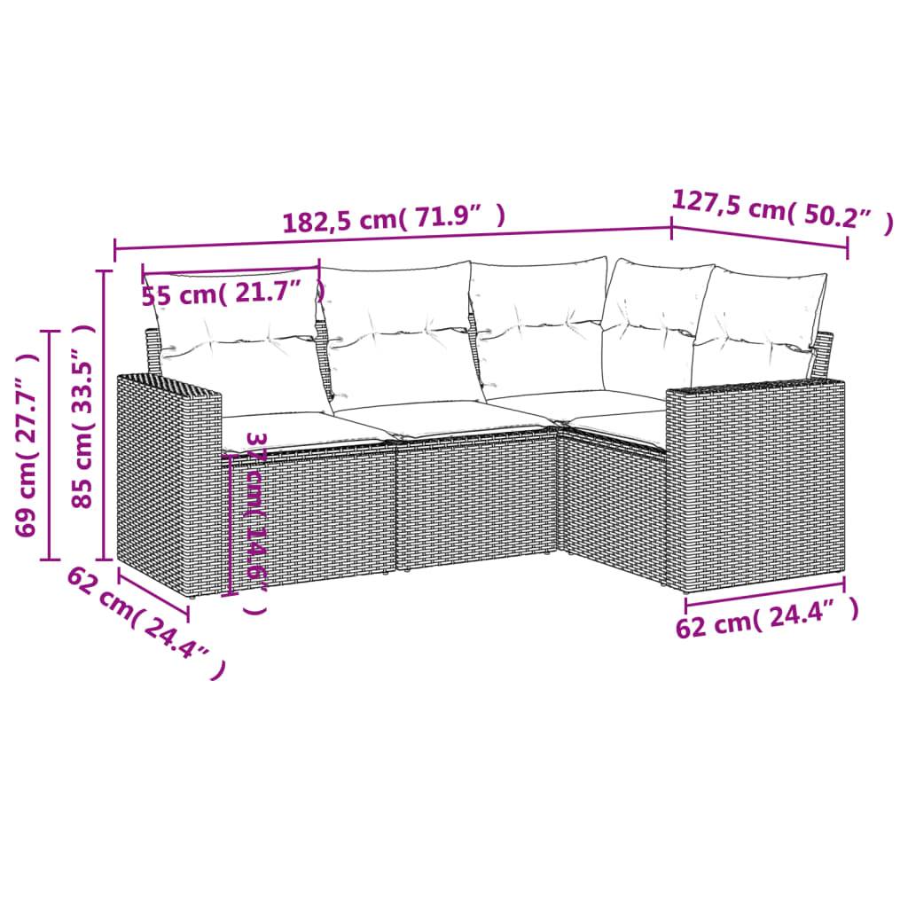 vidaXL 4-tlg. Garten-Sofagarnitur mit Kissen Grau Poly Rattan