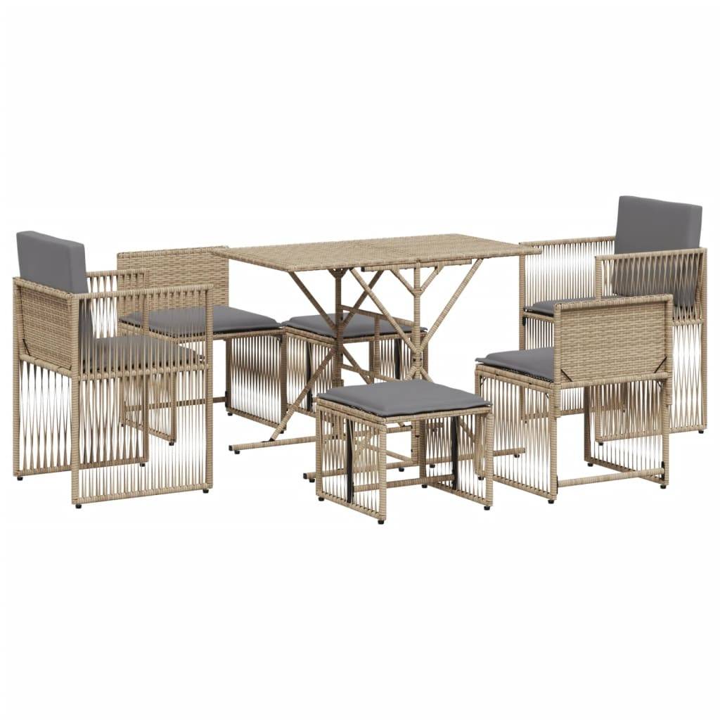 vidaXL 7-tlg. Garten-Essgruppe mit Kissen Beige Poly Rattan