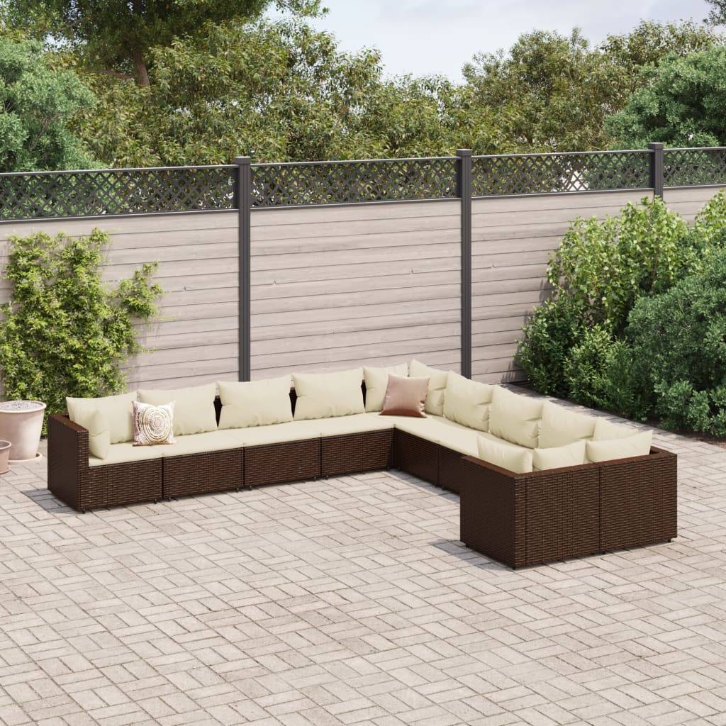 vidaXL 10-tlg. Garten-Sofagarnitur mit Kissen Braun Poly Rattan