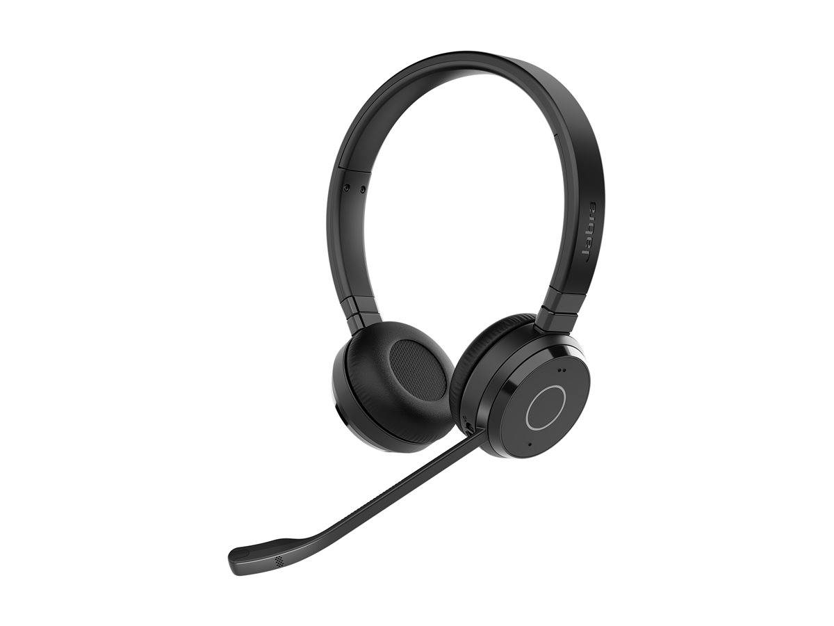 Schwarzer Over-Ear-Wireless-Kopfhörer mit einem Mikrofon auf der linken Seite, ausgestattet mit gepolsterten Ohrmuscheln und einem verstellbaren Kopfbügel.