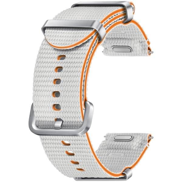 Weiße gewebte Uhrenarmband mit orangefarbiger Kantennaht und silbernem Metallverschluss, von vorne und hinten auf weißem Hintergrund dargestellt.