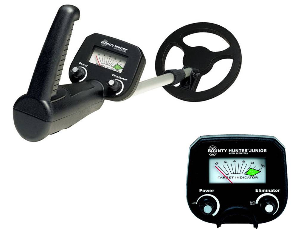 Metalldetektor mit beleuchtetem Display und kreisförmiger Suchspule, beschriftet mit 'Bounty Hunter Junior'. Bedienelemente umfassen 'Power' und 'Eliminator'.