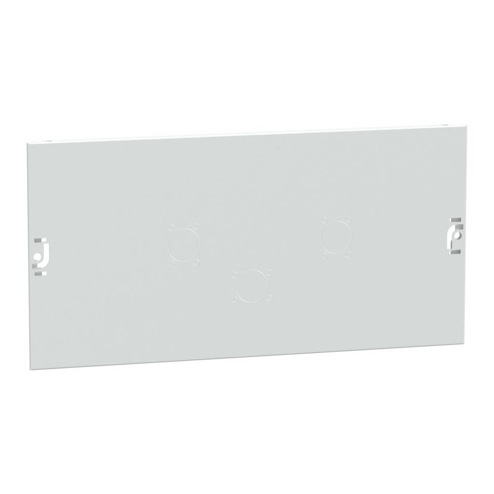 Ein schlichtes, rechteckiges weißes Panel mit drei kreisförmigen Einbuchtungen in der Mitte und symmetrischen Designdetails an den Seiten.