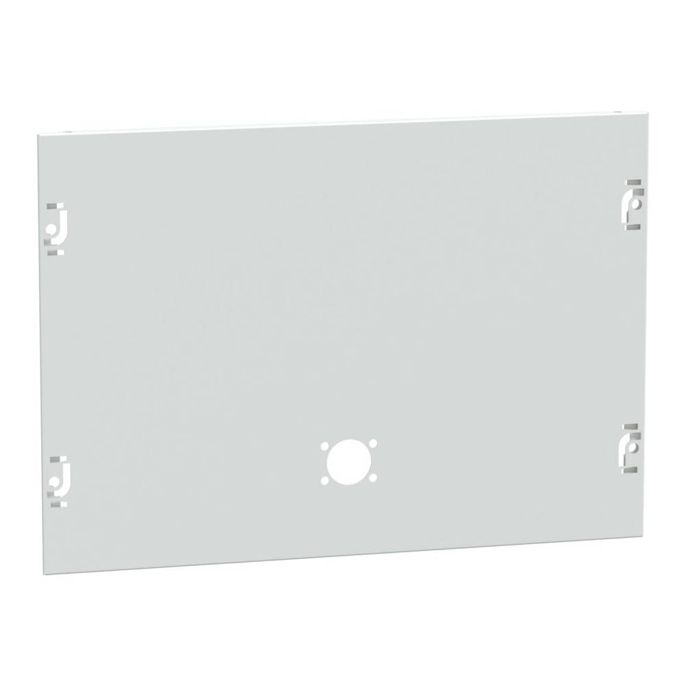 Eine rechteckige Stahlplatte mit Löchern für Befestigungsschrauben, die wahrscheinlich eine Komponente für die Montage oder Installation von elektrischen oder mechanischen Geräten ist.