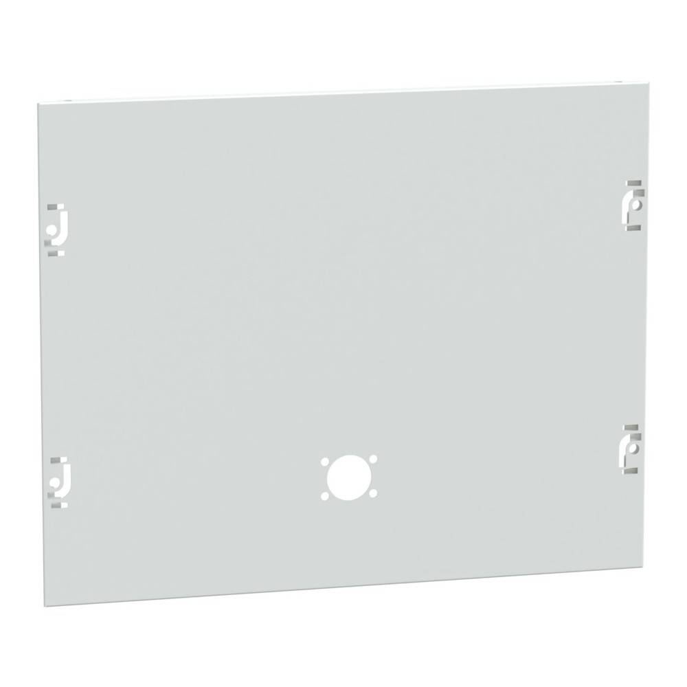 Eine graue Metallmontageplatine mit vorgestanzten Löchern zur Befestigung von elektronischen Komponenten und Kabeln.