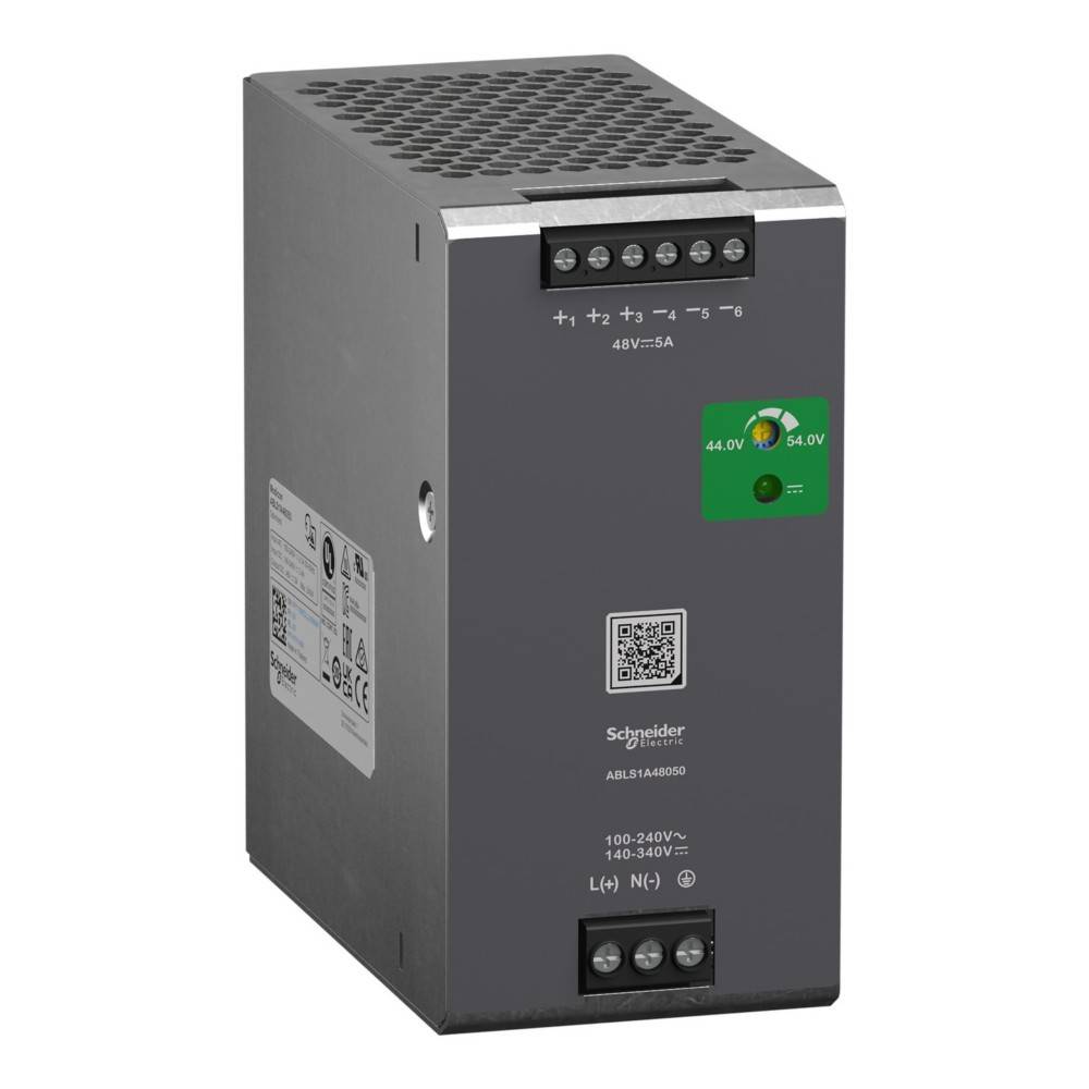 Ein grauer Schneider Electric Netzteil, Modell ABL8RPS24030, der Eingabe-/Ausgangsspannungsspezifikationen und einen QR-Code zeigt.