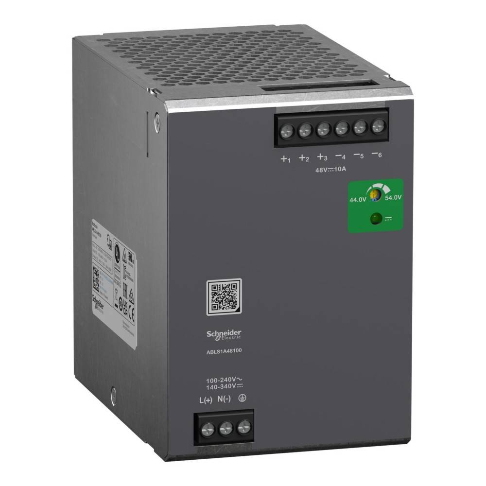 Ein metallisches elektrisches Gerät, gekennzeichnet mit 'Schneider', zur Stromversorgung, ausgestattet mit Anschlussklemmen und Eingangsspannungsspezifikationen.