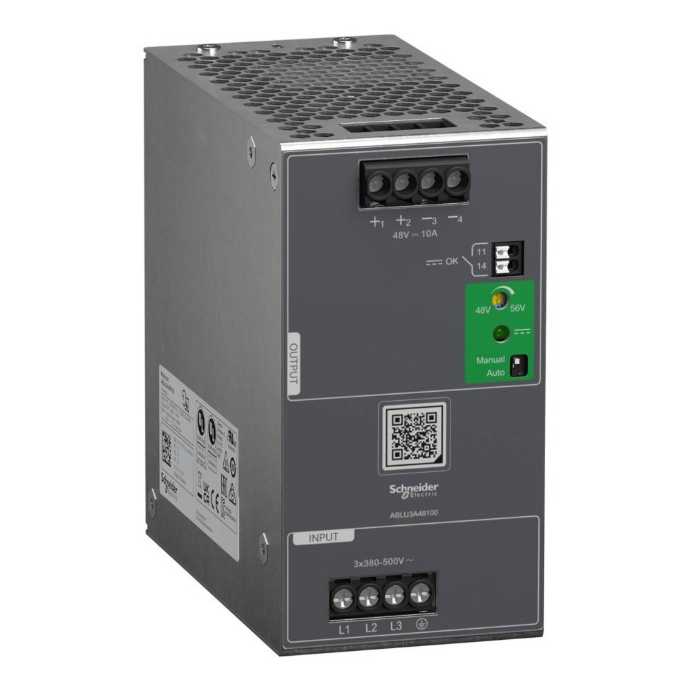 Industrielles Netzteil von Schneider Electric mit grünem Etikett, das '48V - 10A' und einen 'Manuell/Automatik'-Schalter anzeigt.