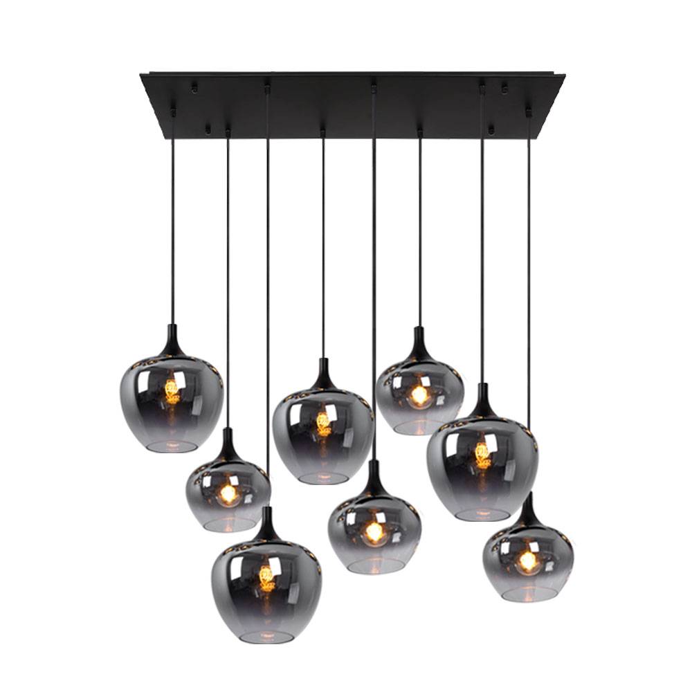 Pendellampe Hängeleuchte Wohnzimmer Pendelleuchte Wohnzimmer Esstischleuchte rauch Glasschirm, Metall schwarz, Fassungen 8x E27, LxBxH 105x45x120 cm
