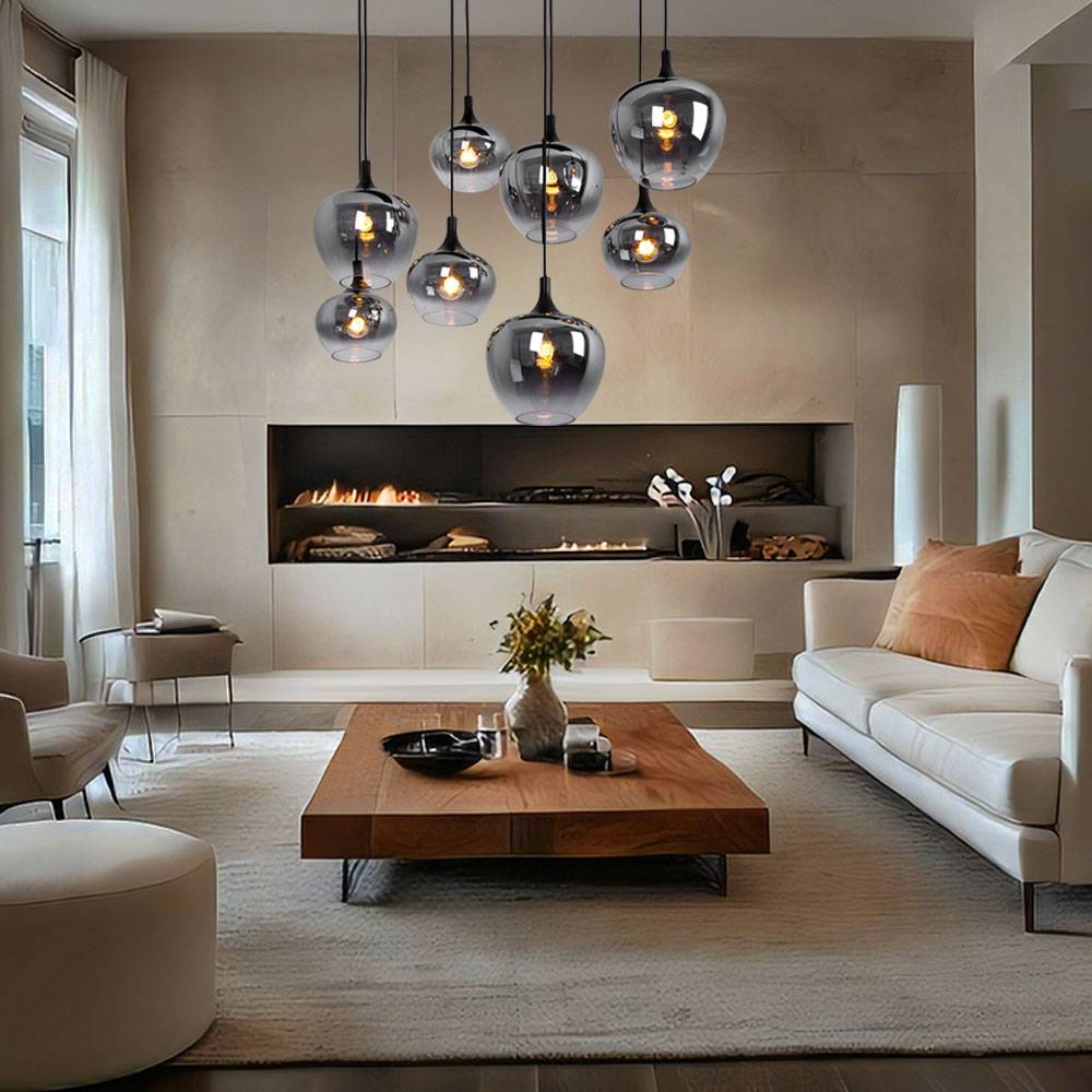 Pendellampe Hängeleuchte Wohnzimmer Pendelleuchte Wohnzimmer Esstischleuchte rauch Glasschirm, Metall schwarz, Fassungen 8x E27, LxBxH 105x45x120 cm