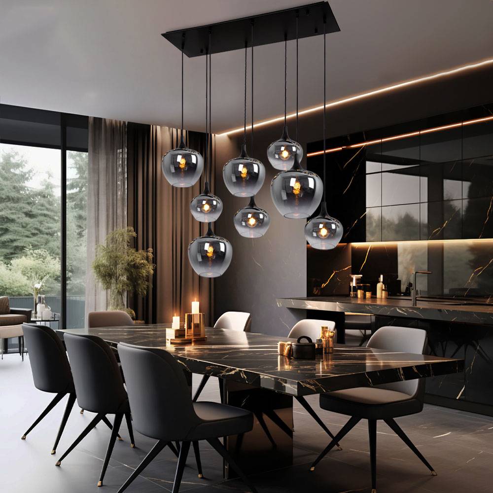 Pendellampe Hängeleuchte Wohnzimmer Pendelleuchte Wohnzimmer Esstischleuchte rauch Glasschirm, Metall schwarz, Fassungen 8x E27, LxBxH 105x45x120 cm