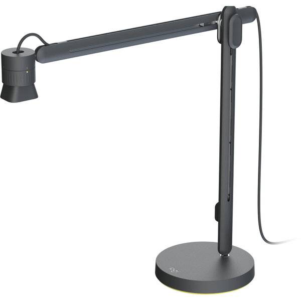 Schwarze verstellbare Schreibtischlampe mit rundem Sockel, langem horizontalen Arm und hängender Stromleitung auf weißem Hintergrund.