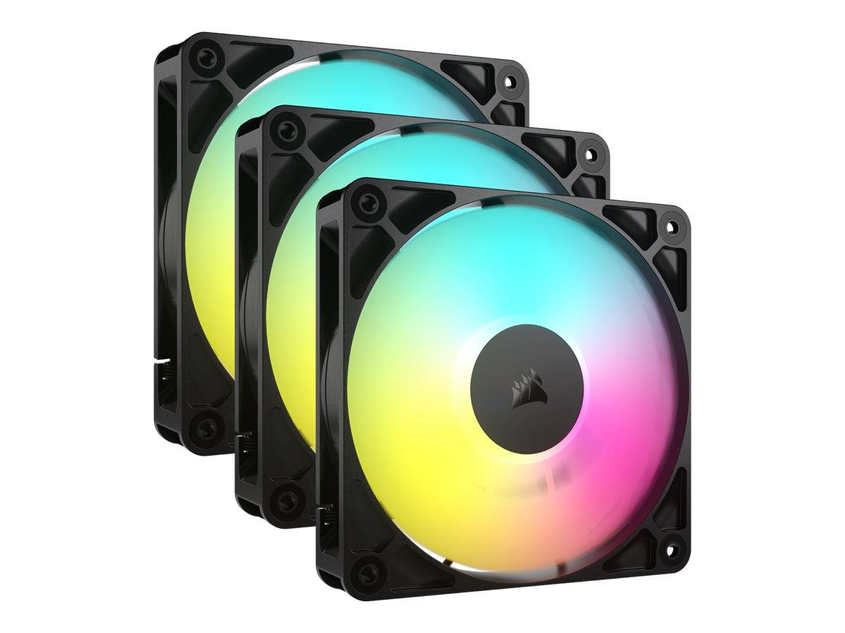 Drei RGB-Computerkühler-Lüfter in perspektivischer Anordnung, jeweils mit regenbogenfarbig beleuchteter kreisförmiger Schaufelwelle und schwarzen quadratischen Rahmen.